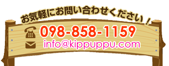 チケットハウスきっぷっぷ　お気軽にお問い合わせください 沖縄（那覇本社）電話：098-858-1159　メールアドレス：info@kippuppu.com